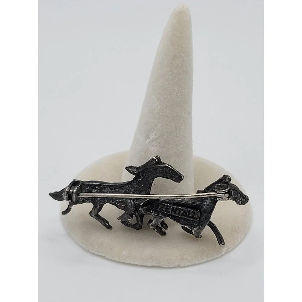 Vintage Zentall Three Running Horses Silver Tone Brooch